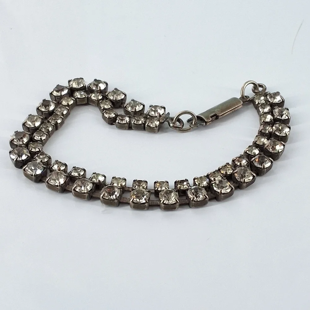 Vintage Double Row Rhinestone Tennis Bracelet Silver Tone 2 Strand 7.25